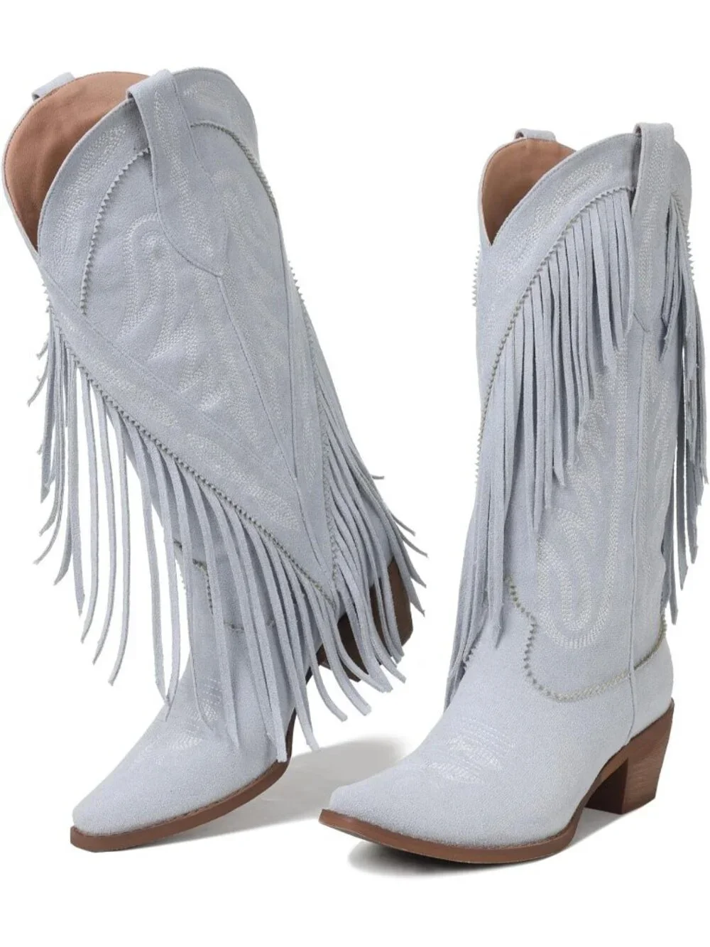 Women skyblue Leather Pull On Block Chunky Suede Fringe Cowboy Pointed Toe Boot - Picture 1 of 6